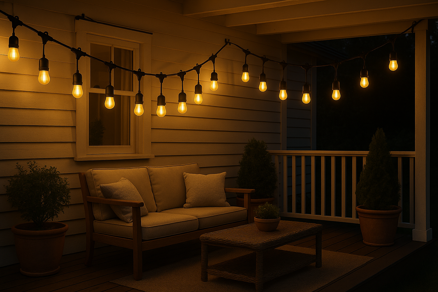 Outdoor patio with string lights, sofa, and coffee table on a dark evening.