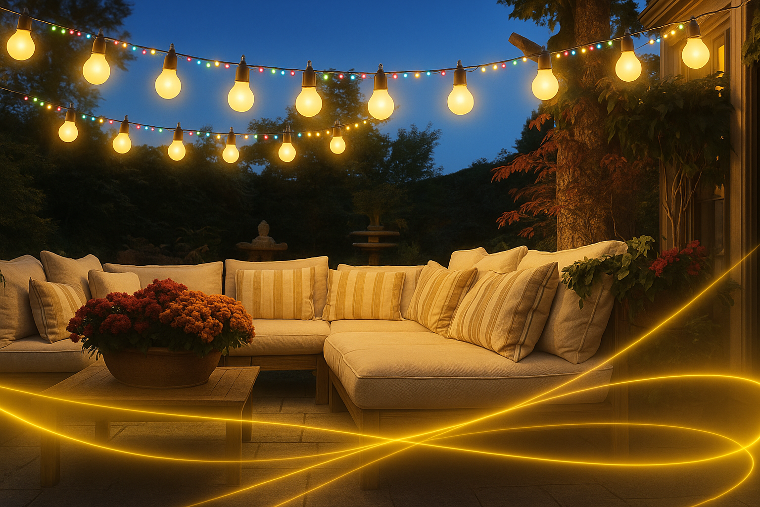 Outdoor patio with string lights, sofa, and potted plants at night.