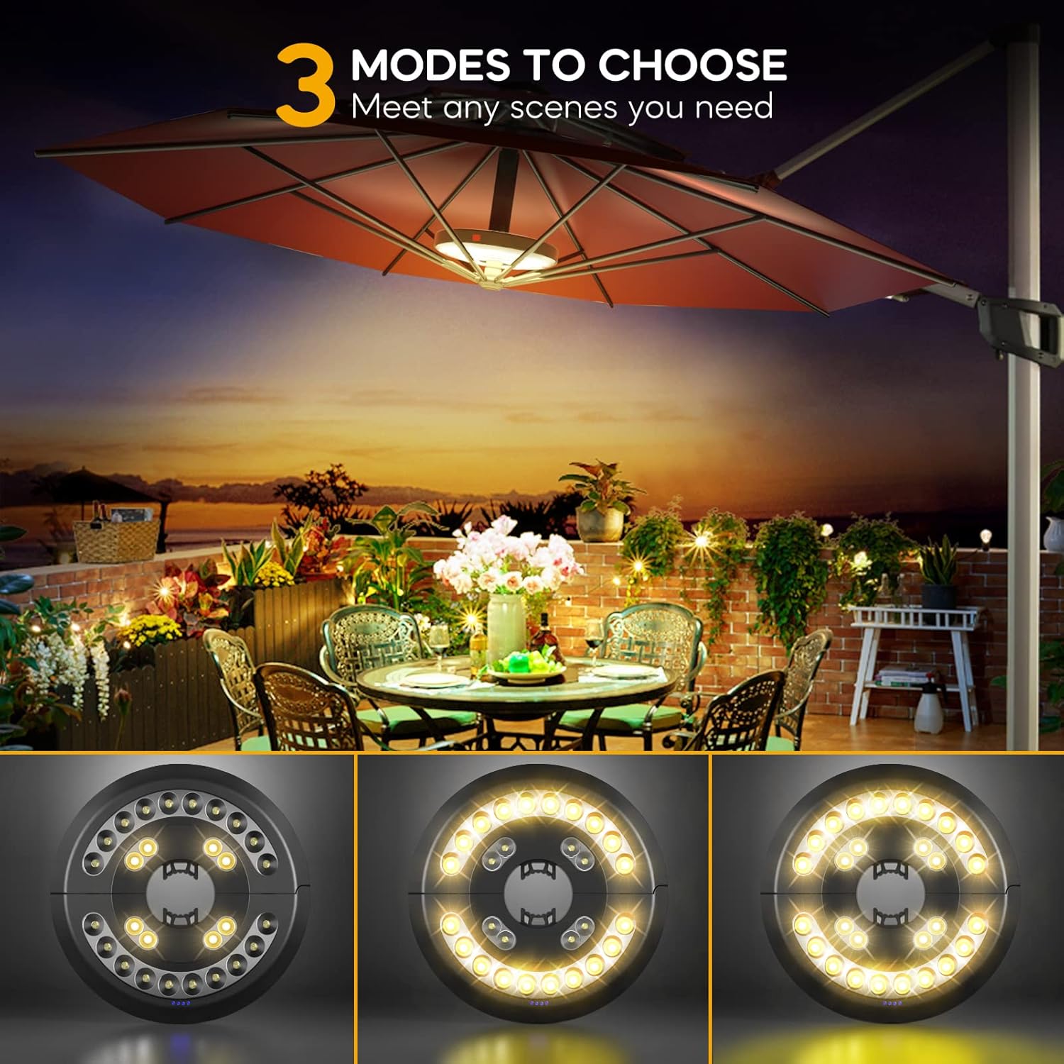 Outdoor patio with umbrella light fixture and three lighting modes displayed.