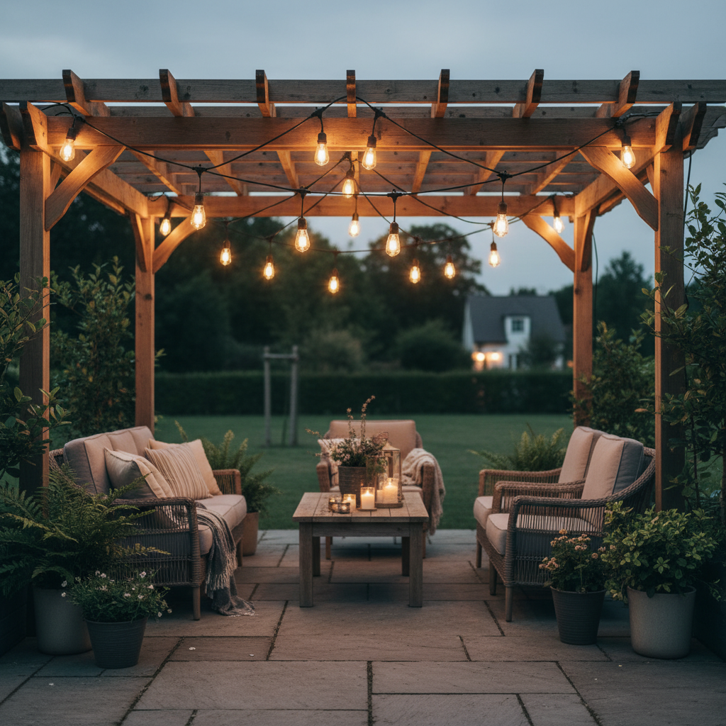 Outdoor patio with wooden pergola, seating area, and string lights.