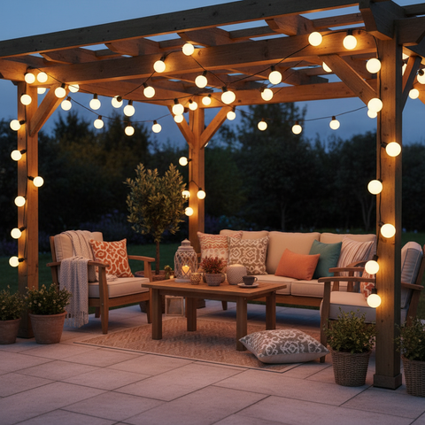 Outdoor patio with wooden pergola, seating area, and string lights