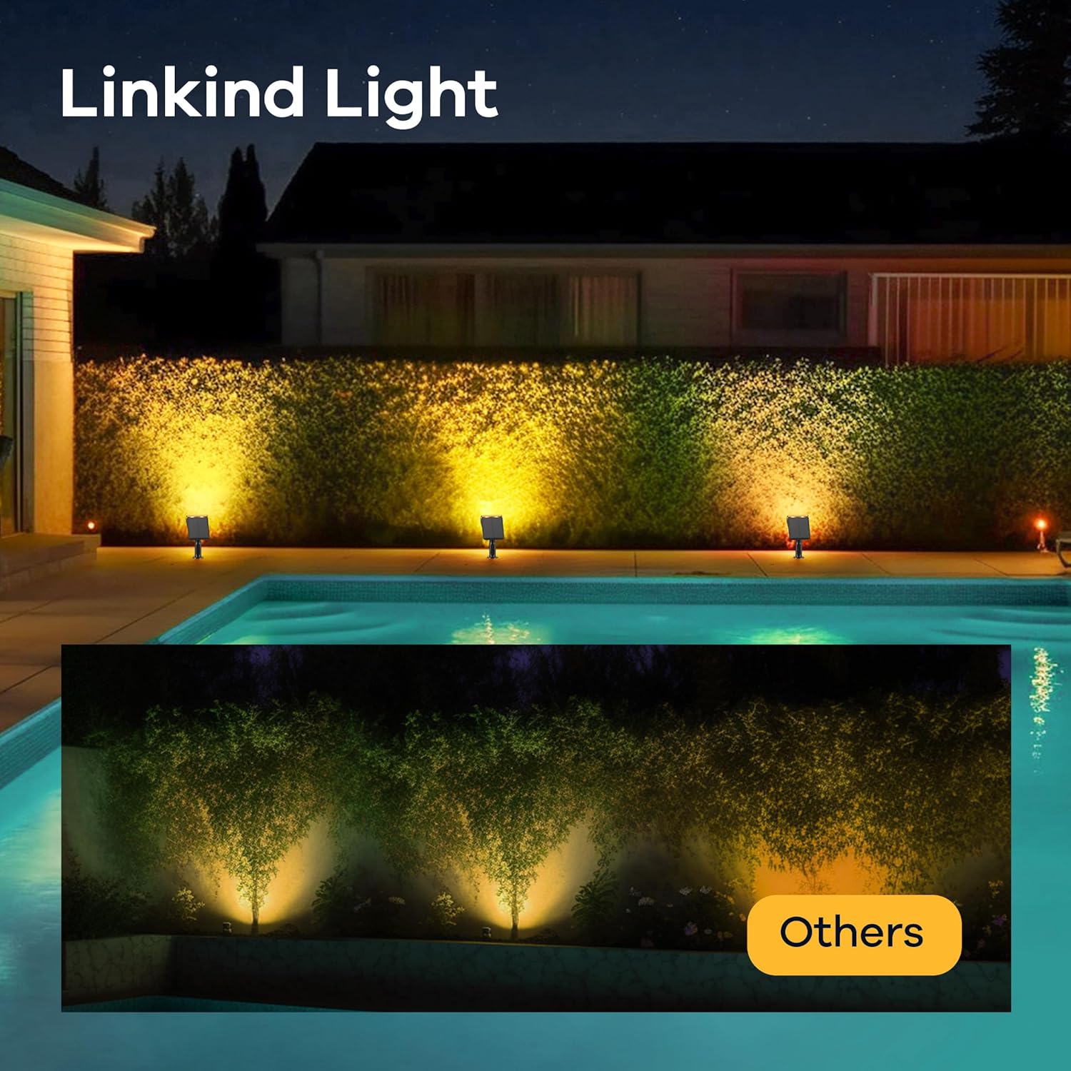 Outdoor pool area with Linkind Light fixtures illuminating a hedge at night.