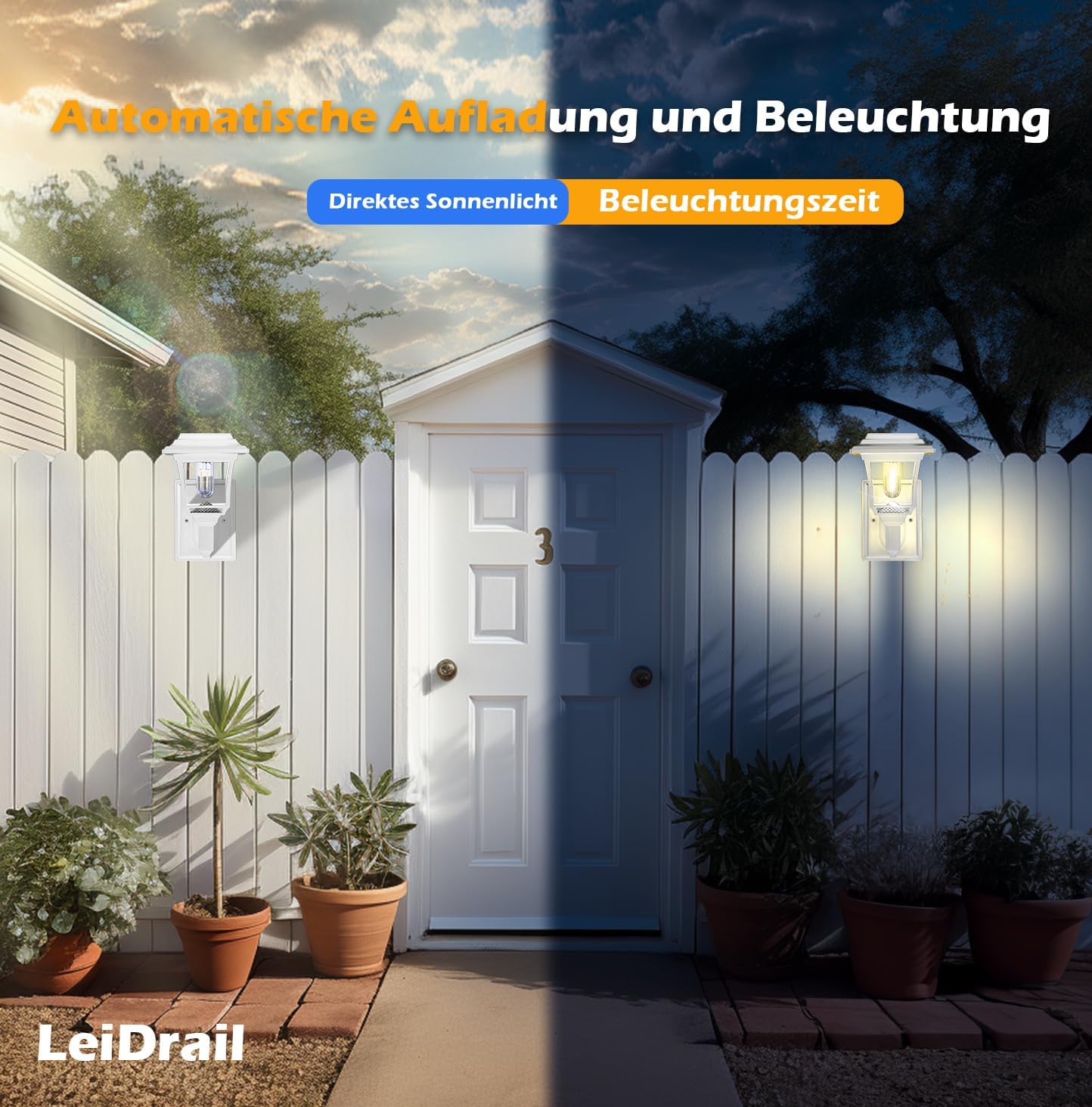 Outdoor scene with a house, plants, and solar lights on a white fence during day and night.
