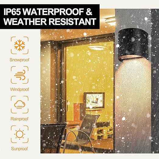 Outdoor scene with a light fixture and text highlighting waterproof and weather-resistant features.