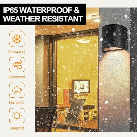 Outdoor scene with a light fixture and text highlighting waterproof and weather-resistant features.