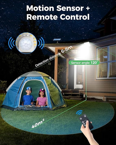 Outdoor scene with a tent, motion sensor, and remote control, highlighting features like detection distance and sensor angle.