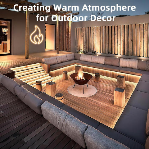 Outdoor seating area with fire pit and warm lighting, text 'Creating Warm Atmosphere for Outdoor Decor'.