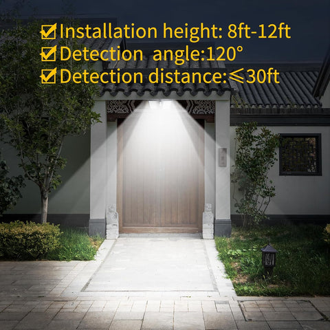 Outdoor setting with a wooden gate and text about installation height, detection angle, and distance.