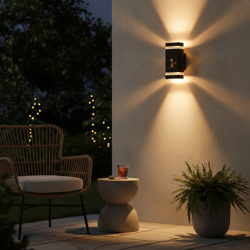 Outdoor setting with a wall-mounted light fixture, chairs, and a table on a patio.