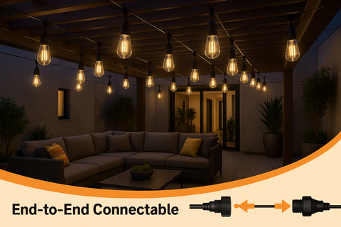Outdoor setting with hanging light bulbs and a couch, featuring text about end-to-end connectivity.