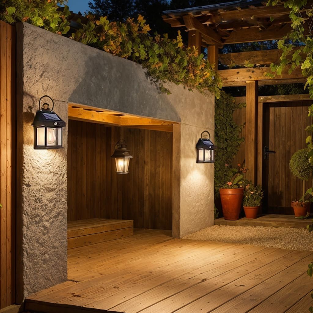Outdoor setting with stone wall, wooden pergola, and solar lights.