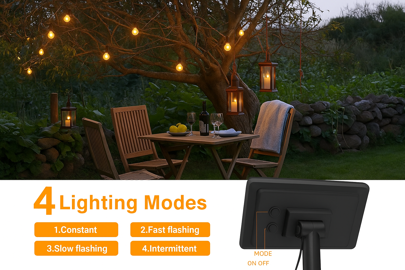 Outdoor setting with string lights and a table, featuring 4 lighting mode options on a screen.