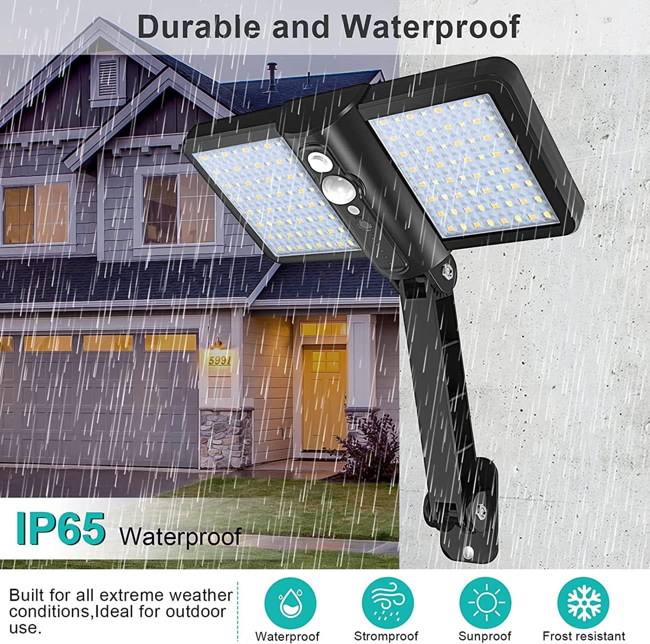 Outdoor solar light fixture on a house exterior with rain effects and text highlighting durability and waterproof features.