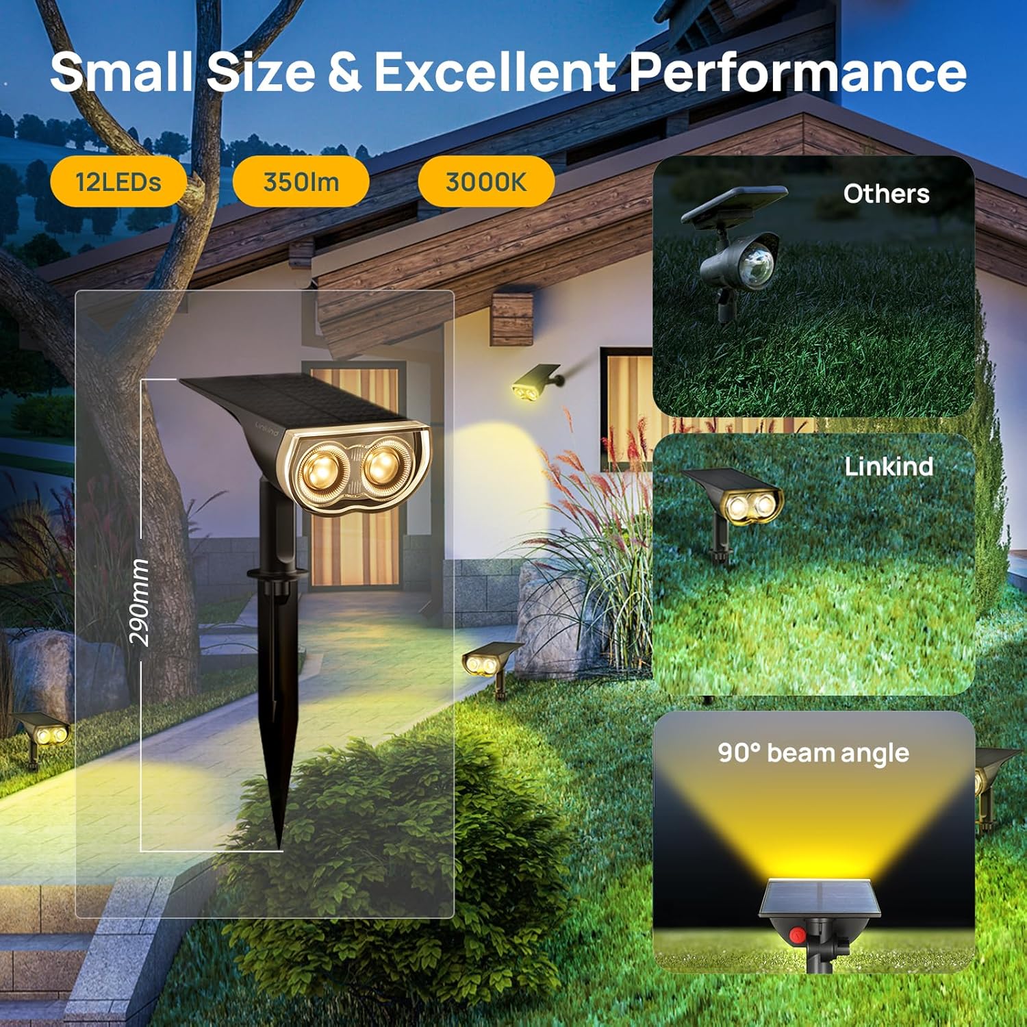 Outdoor solar light fixture with specifications and usage examples in a garden setting.