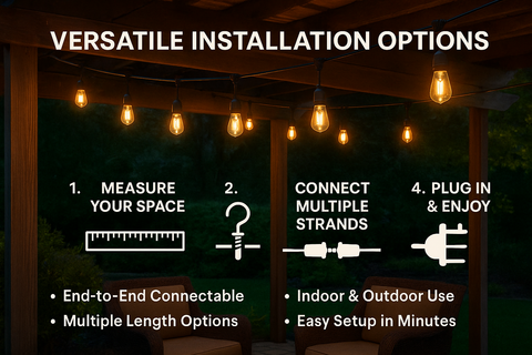 Outdoor string light installation guide with text and diagram on a dark background