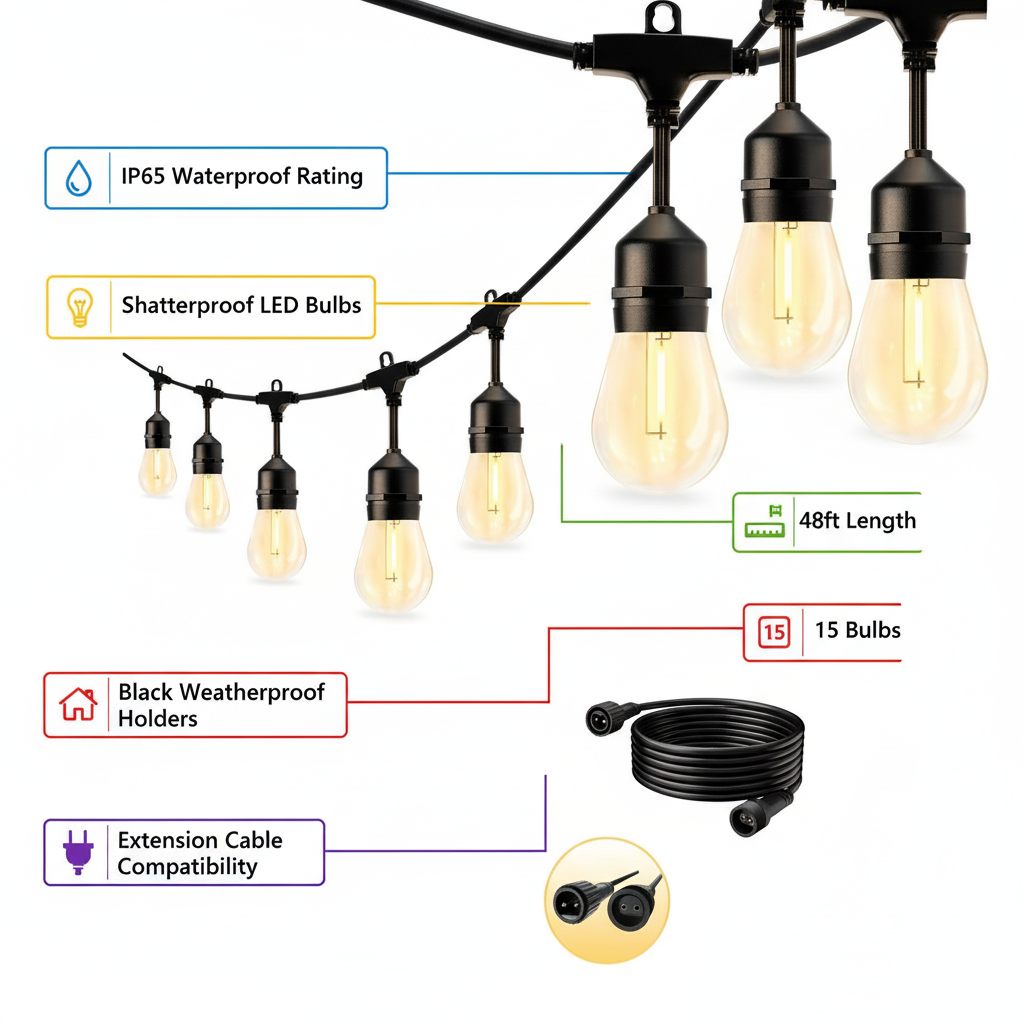 Outdoor string light set with features highlighted on a white background