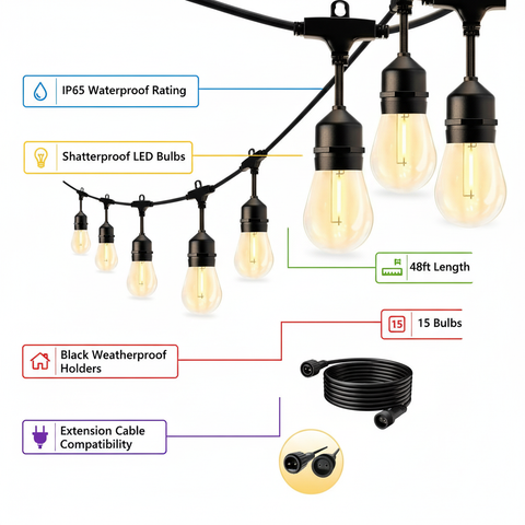 Outdoor string light set with features highlighted on a white background