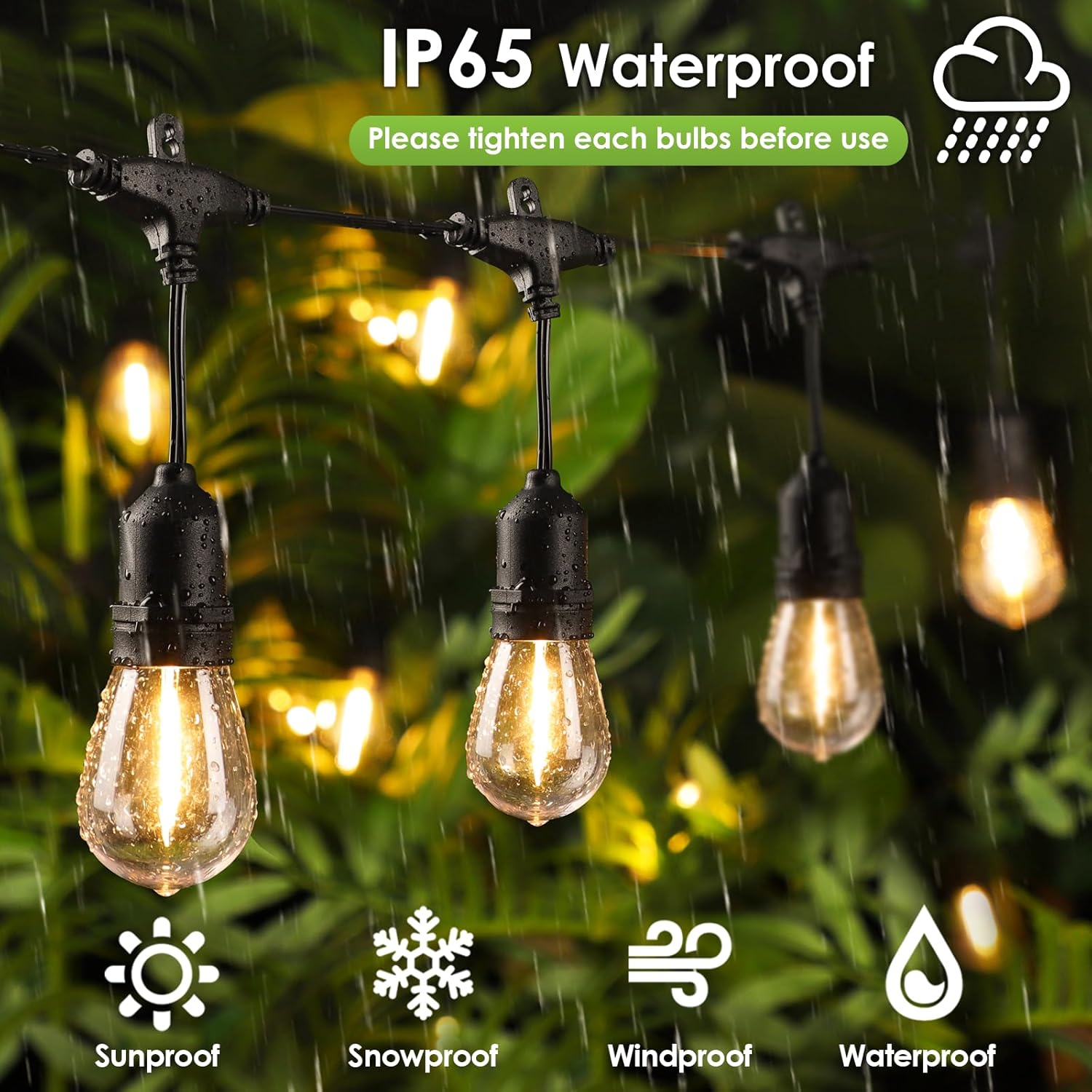 Outdoor string lights with IP65 waterproof rating against a rain-soaked foliage background.