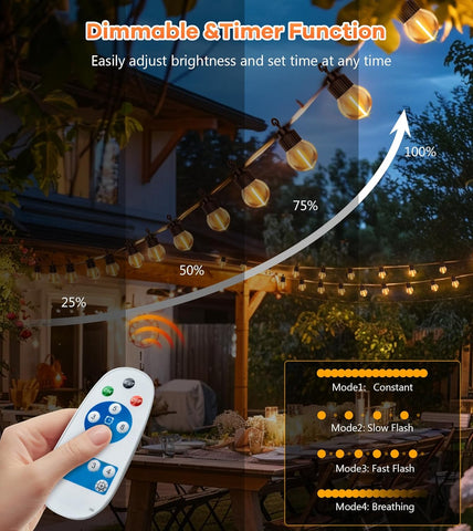 Outdoor string lights with a remote control, displaying dimmable and timer functions.