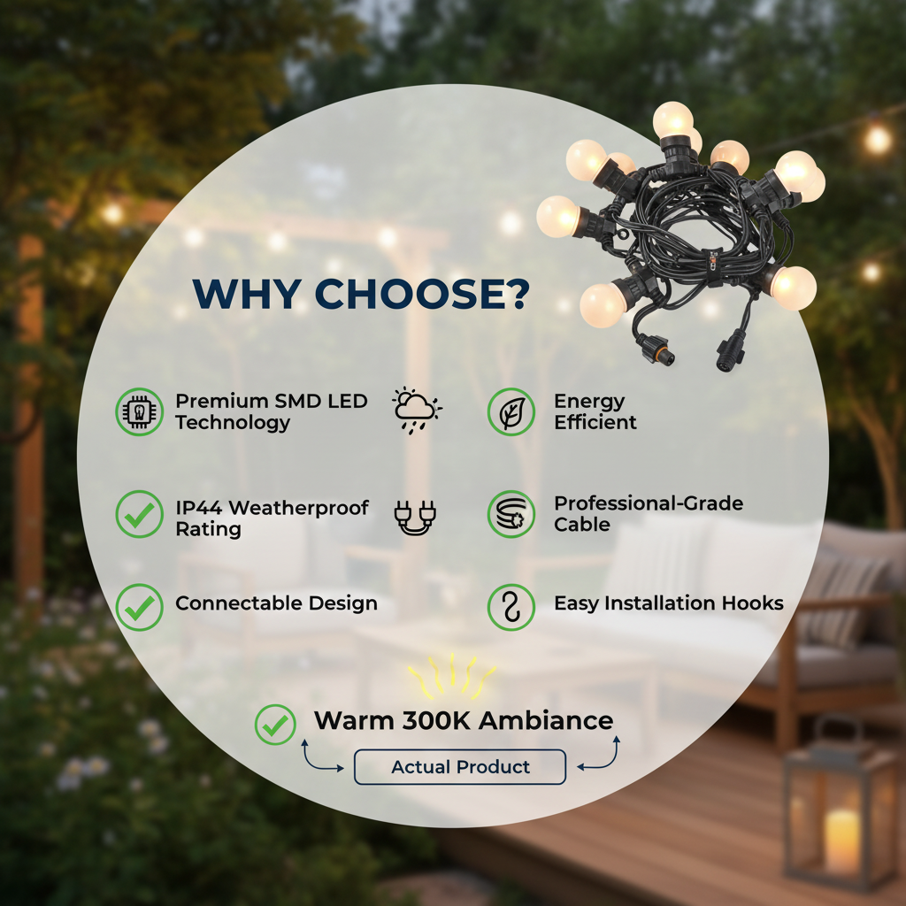 Outdoor string lights with features listed on a circular overlay