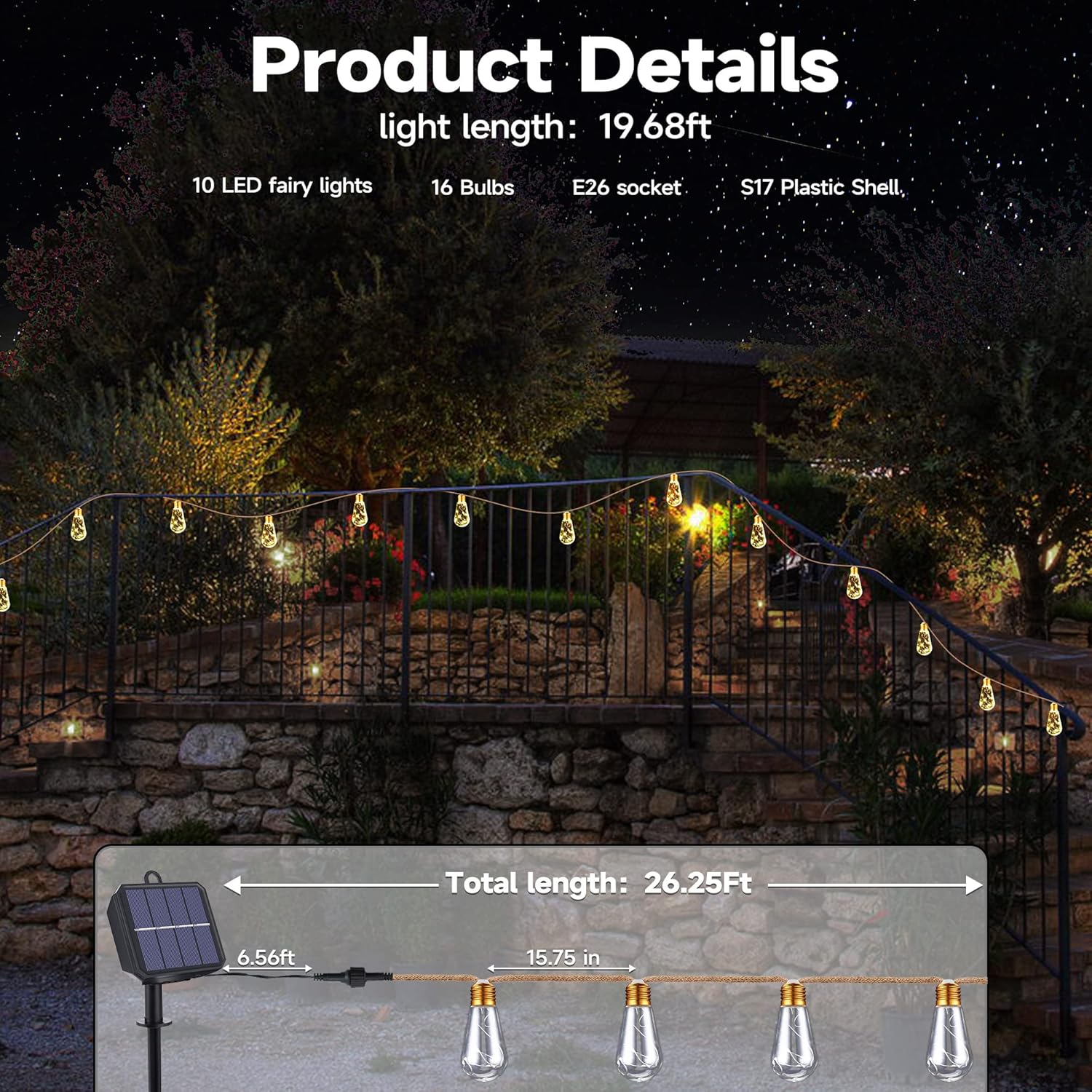 Outdoor string lights with solar panel in garden setting, product details overlay.