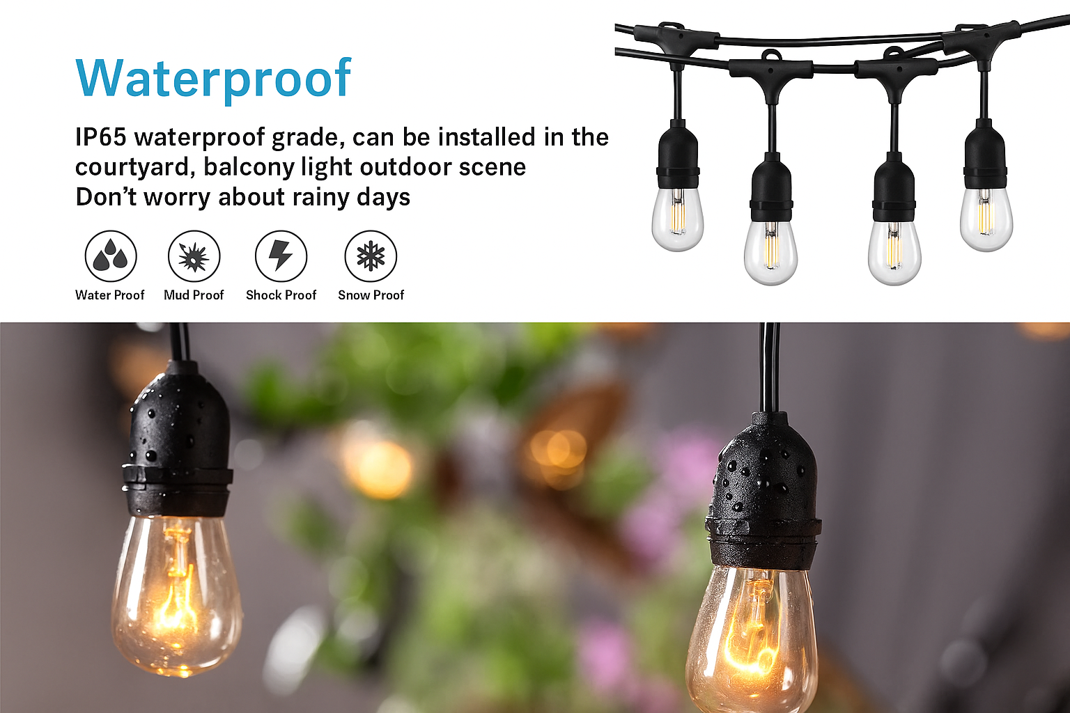 Outdoor string lights with waterproof features, suitable for outdoor use.