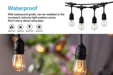 Outdoor string lights with waterproof features, suitable for outdoor use.