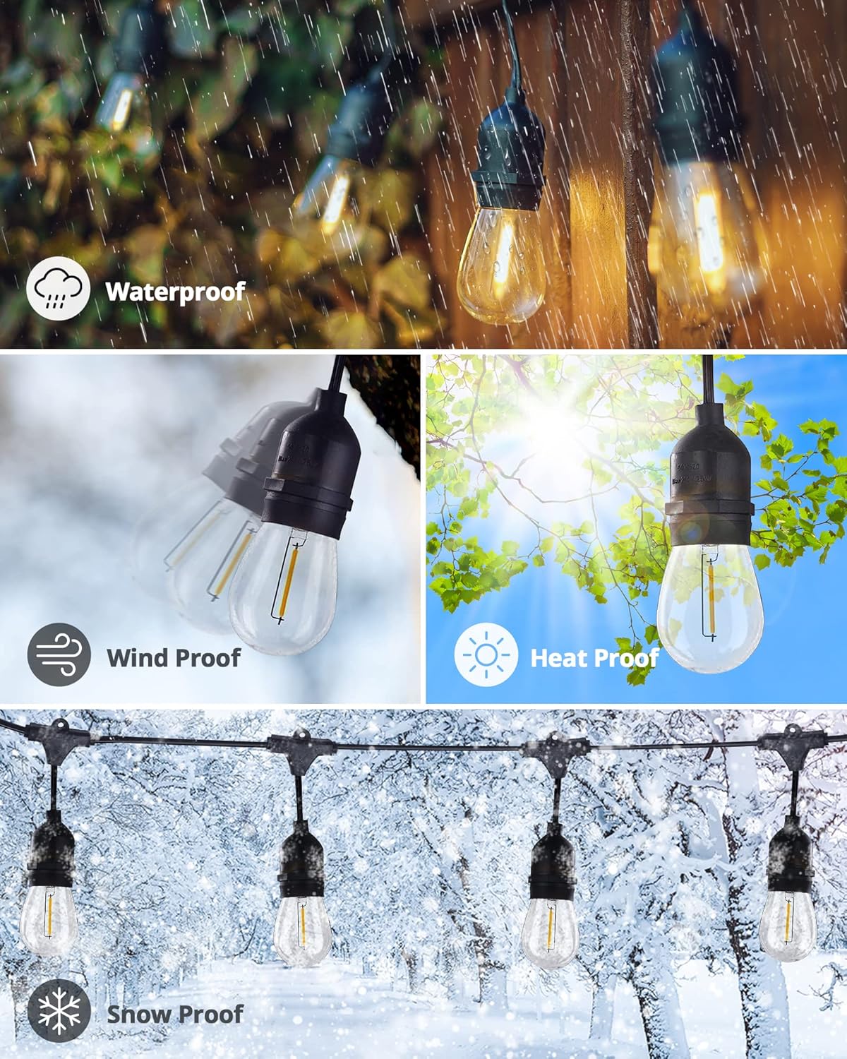 Outdoor string lights with waterproof, wind proof, heat proof, and snow proof features.
