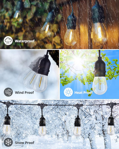 Outdoor string lights with waterproof, wind proof, heat proof, and snow proof features.