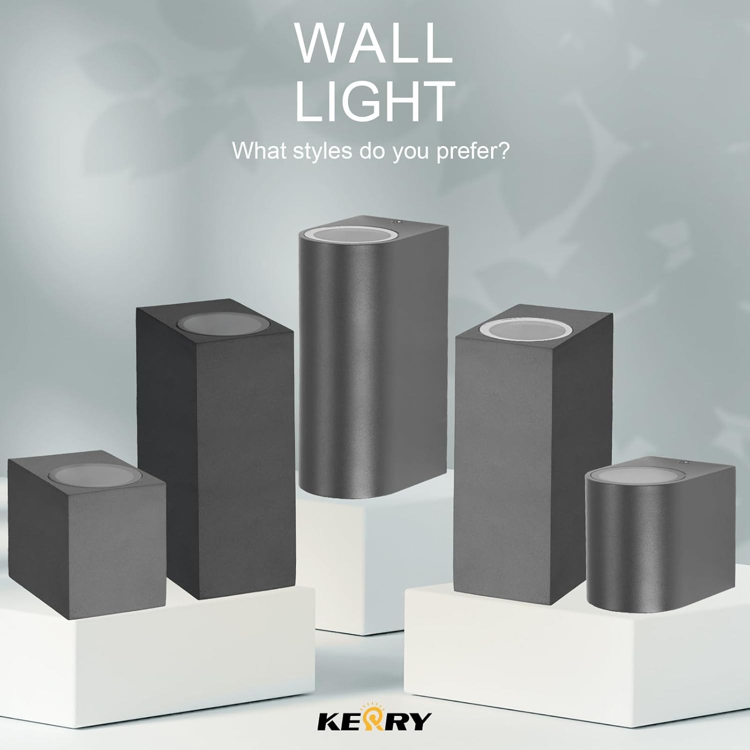 Set of wall lights with a gray and white color scheme on a light gray background, featuring the brand 