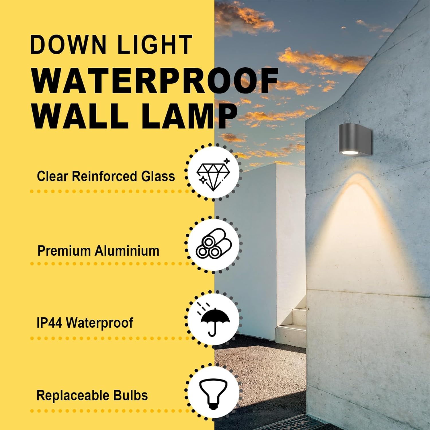Outdoor wall lamp with features listed on a yellow background