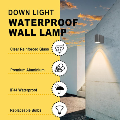 Outdoor wall lamp with features listed on a yellow background