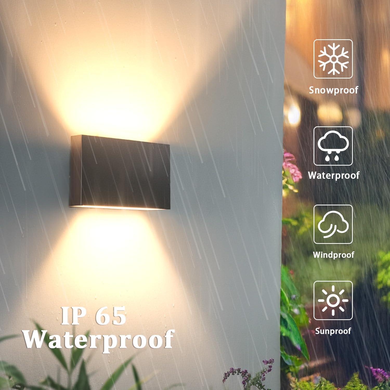 Outdoor wall light fixture with waterproof rating features in a rain scene