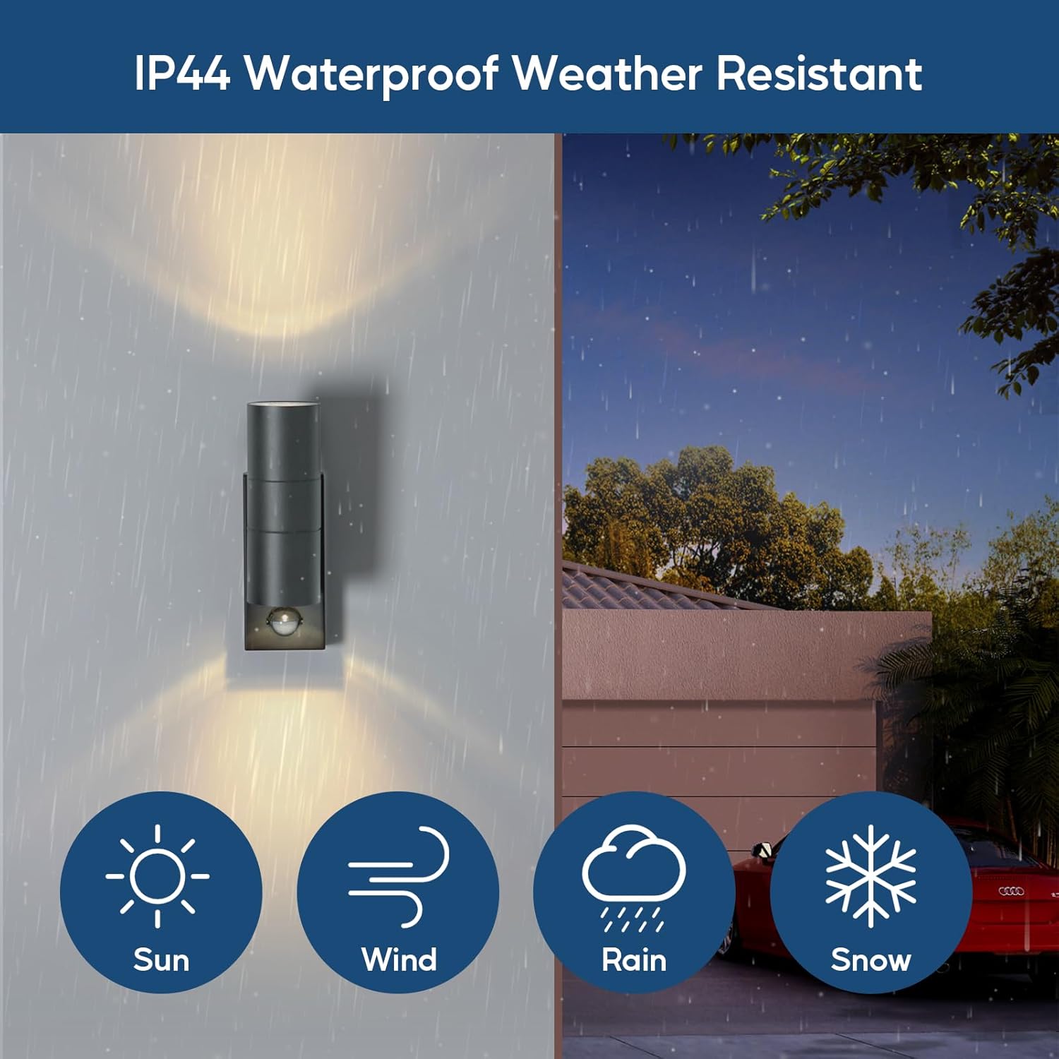 Outdoor wall light fixture with rain, sun, wind, and snow icons indicating weather resistance.