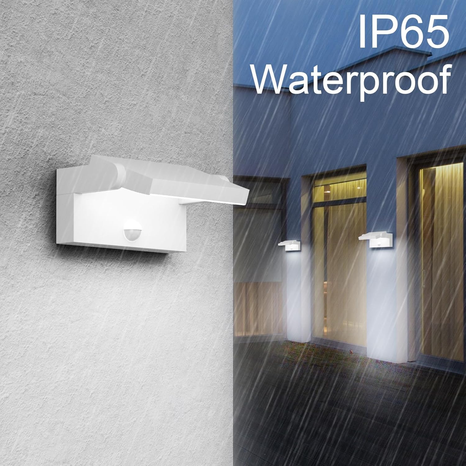 Outdoor wall light fixture on a building exterior with rain, labeled IP65 waterproof.