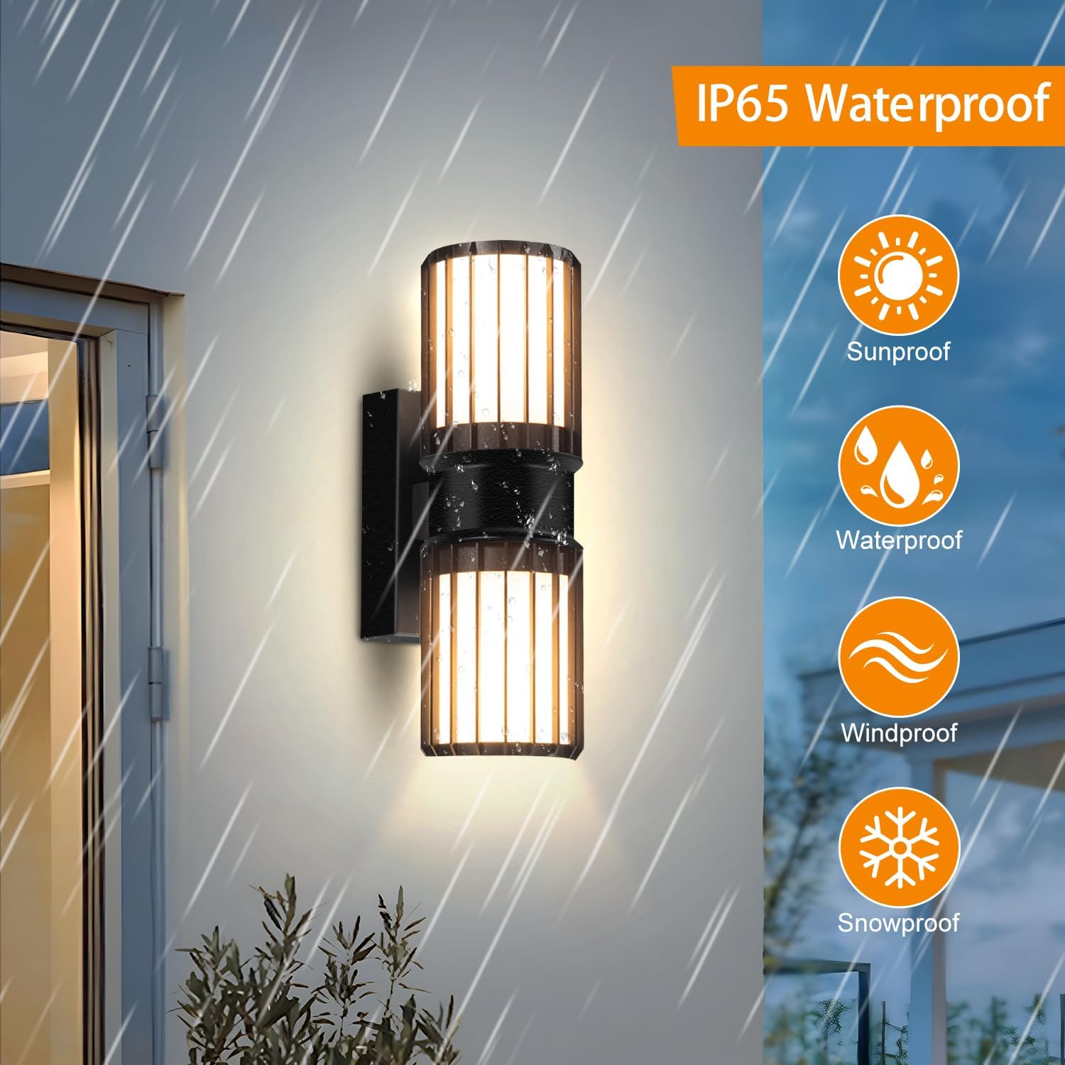Outdoor wall light fixture on a building exterior with rain simulation, featuring IP65 waterproof rating.