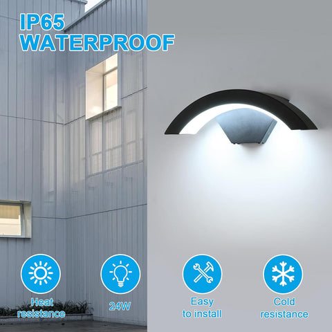 Outdoor wall light fixture on a building exterior with waterproof rating and feature icons displayed.