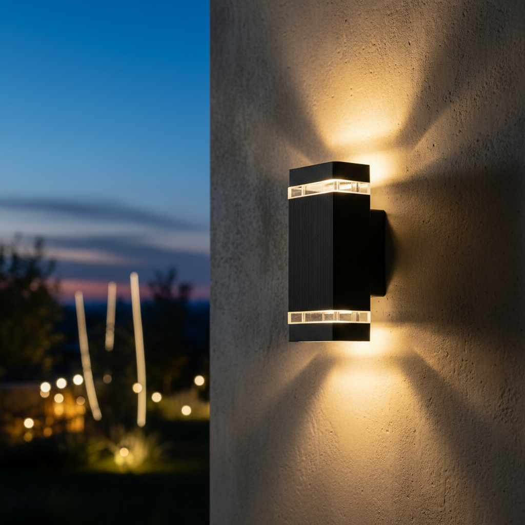 Outdoor wall light fixture on a concrete wall with a blurred night scene in the background.