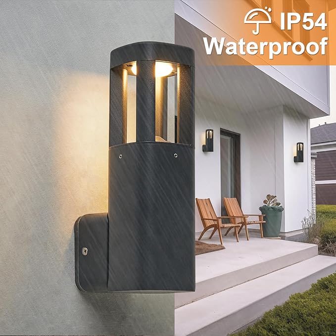 Outdoor wall light fixture on a house exterior with 'IP54 Waterproof' label.