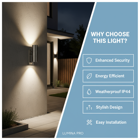 Outdoor wall light fixture on a house exterior with features listed on the right.