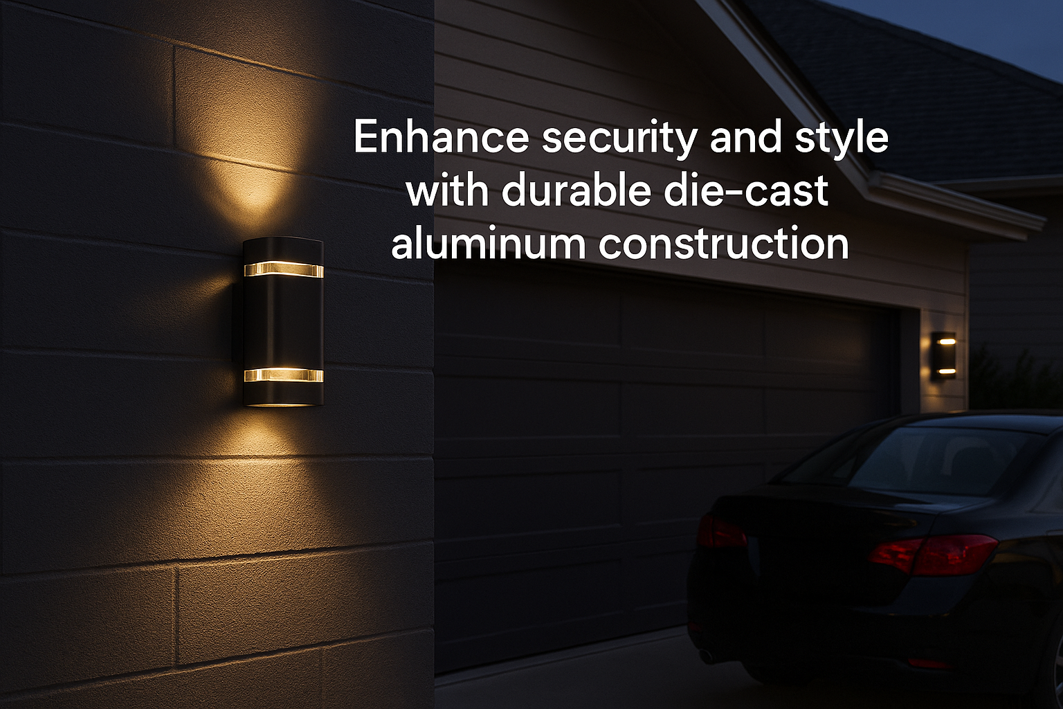 Outdoor wall light fixture on a house exterior with text about durability and style.