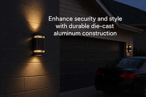 Outdoor wall light fixture on a house exterior with text about durability and style.