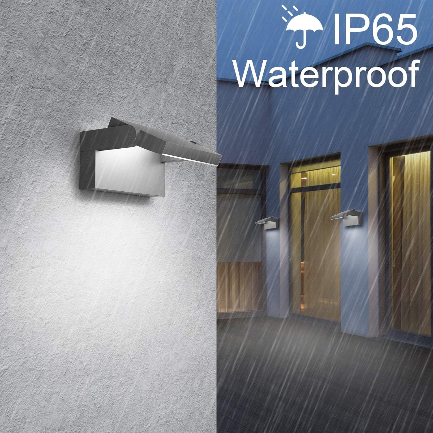 Outdoor wall light fixture on a textured wall with 'IP65 Waterproof' text in the rain.