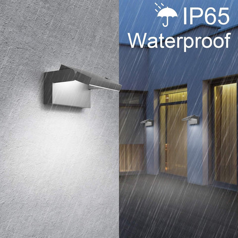 Outdoor wall light fixture on a textured wall with 'IP65 Waterproof' text in the rain.