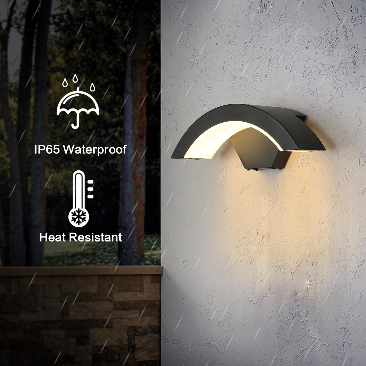 Outdoor wall light fixture on a textured wall with rain elements and waterproof and heat-resistant icons.