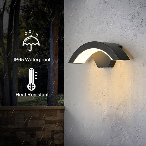 Outdoor wall light fixture on a textured wall with rain elements and waterproof and heat-resistant icons.