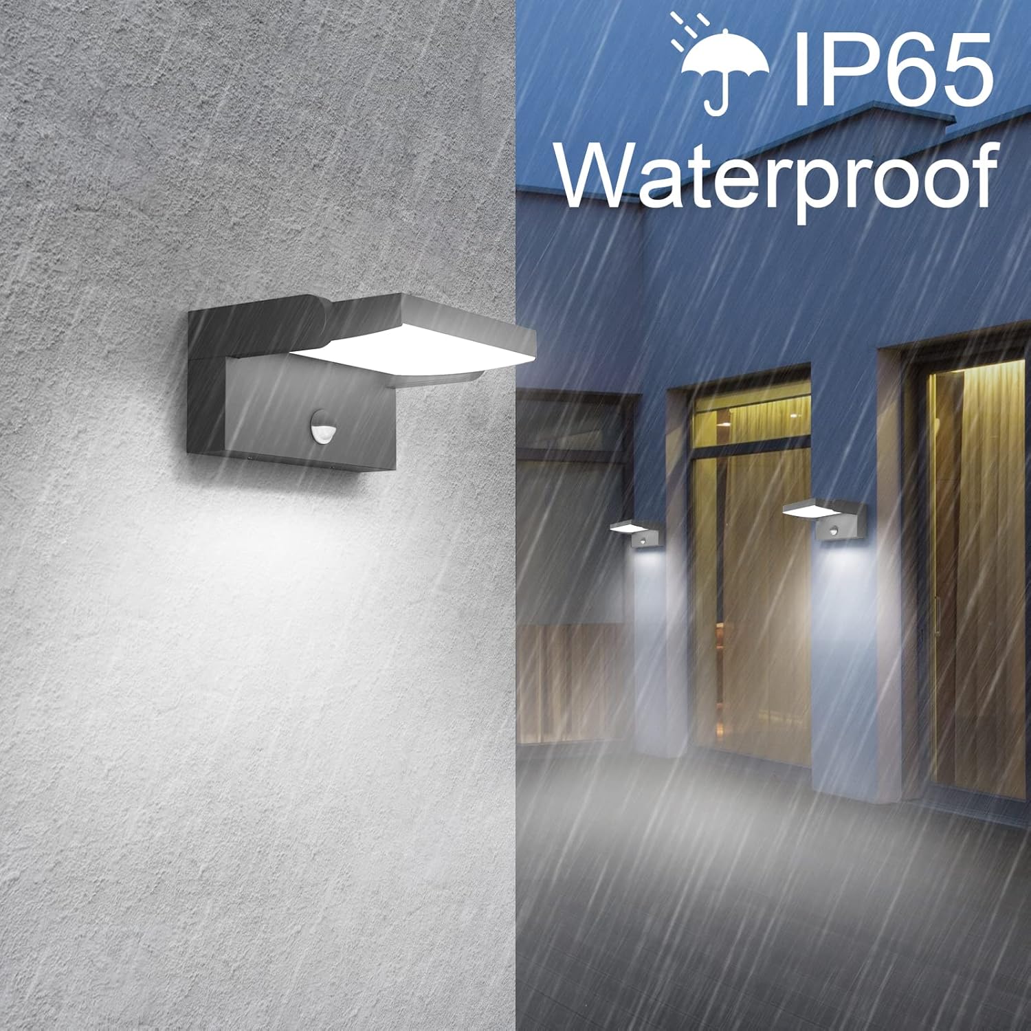 Outdoor wall light fixture on a textured wall with rain simulation and 'IP65 Waterproof' 