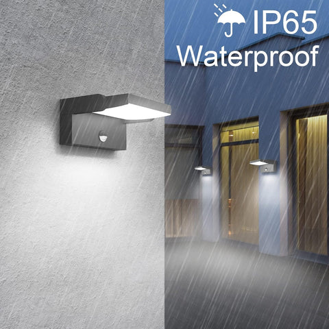 Outdoor wall light fixture on a textured wall with rain simulation and 'IP65 Waterproof' 