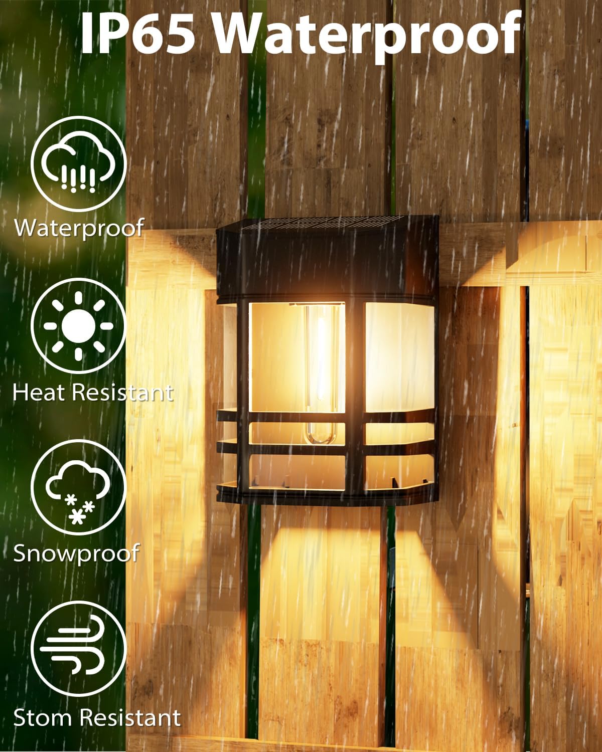 Outdoor wall light fixture on a wooden wall with rain simulation, featuring IP65 waterproof rating.