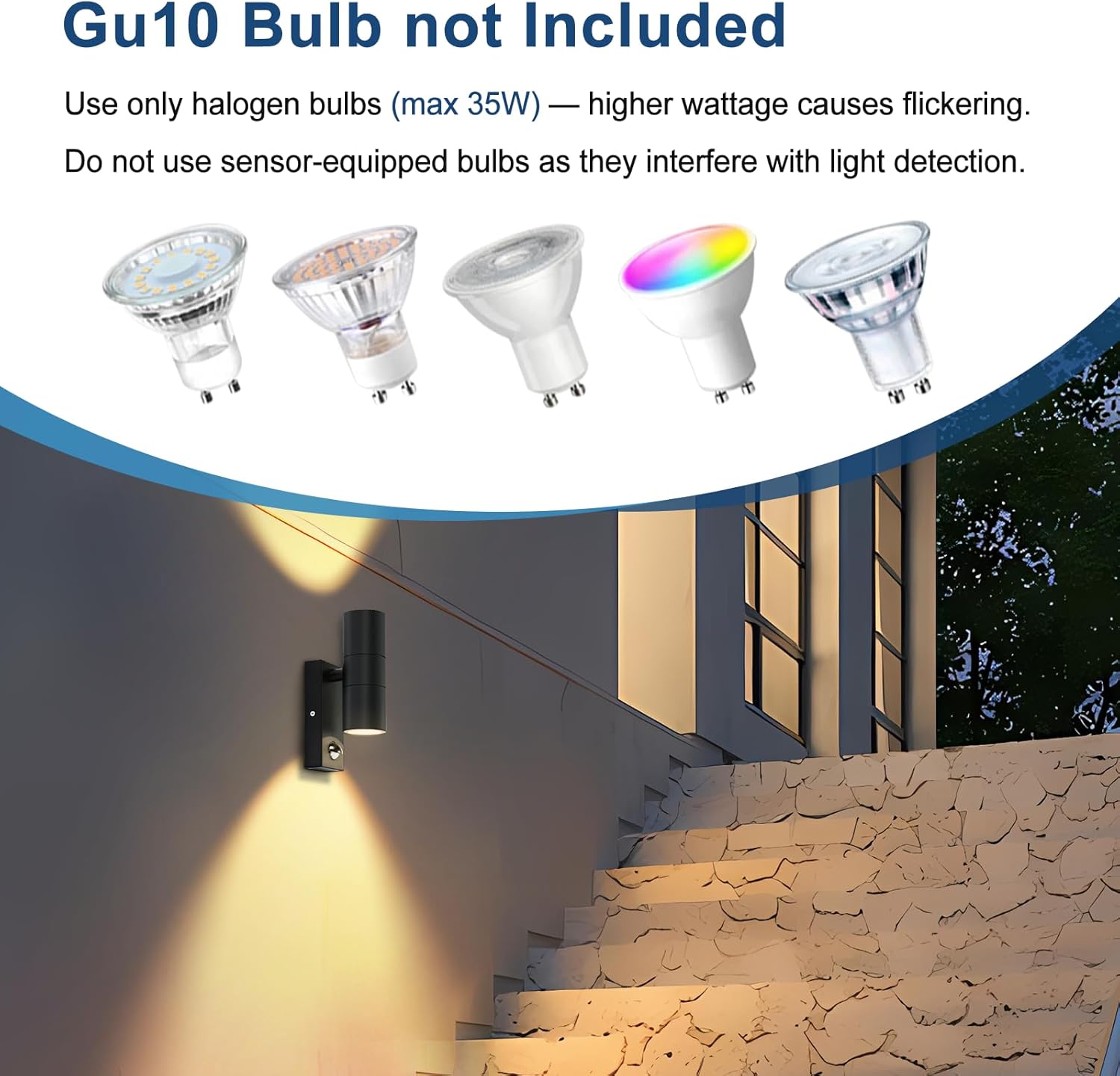 Outdoor wall light fixture with GU10 bulb compatibility information displayed.